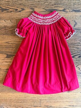 Smock Candy Red Smocked Dress with White Embroidery Detail, Size 2T